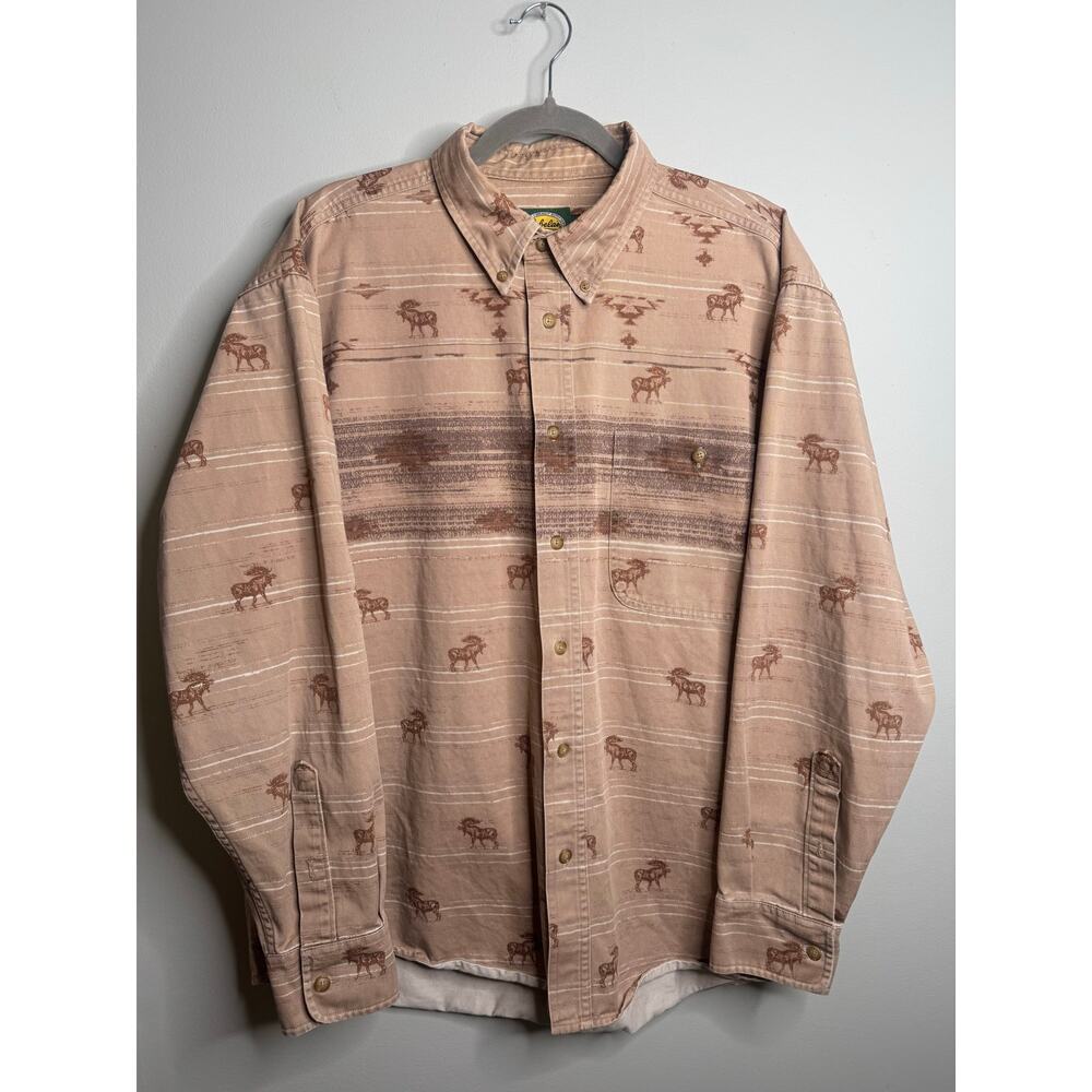 Cabela's Vintage Brown Moose Print Button Down Outdoor Shirt Size XL